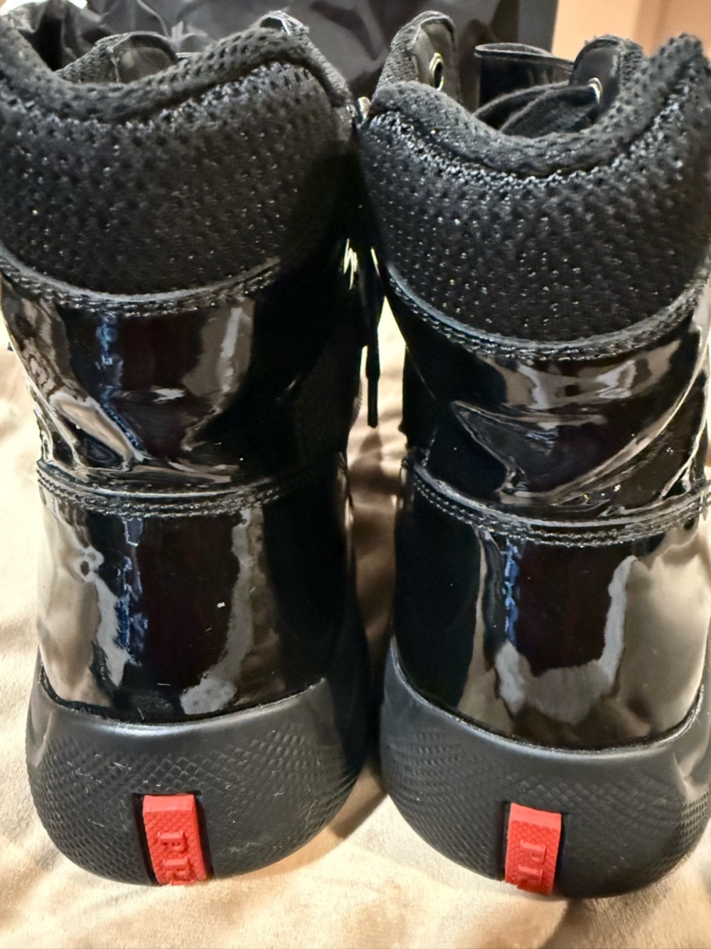 Authentic Prada Black Patent Leather High-Top Sneakers with Red Logo Tab - Picture 5 of 6